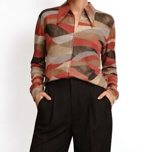 Vintage 90s Sundial Abstract Geometric Zip Front Collared Blouse XL